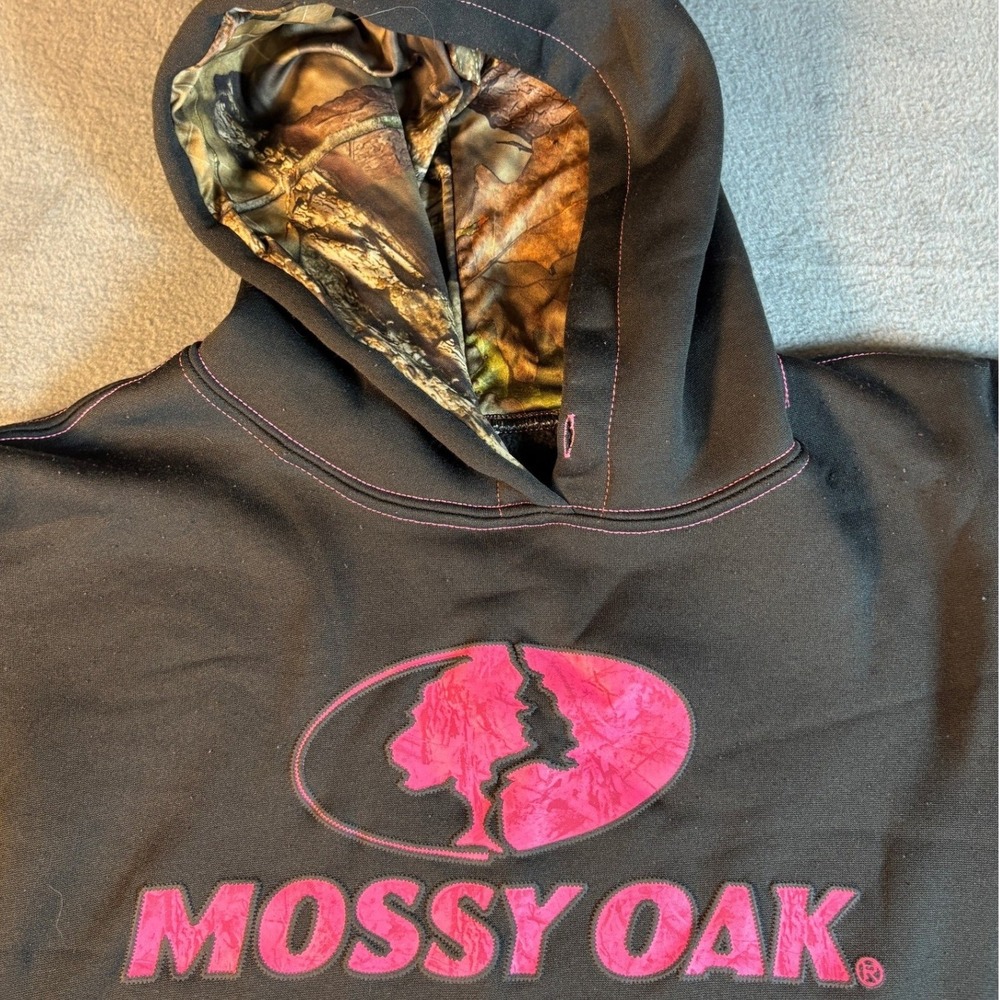 Mossy Oak Womens Hoodie Black Pink Logo Camo Lined Hood Sweatshirt Size Large
